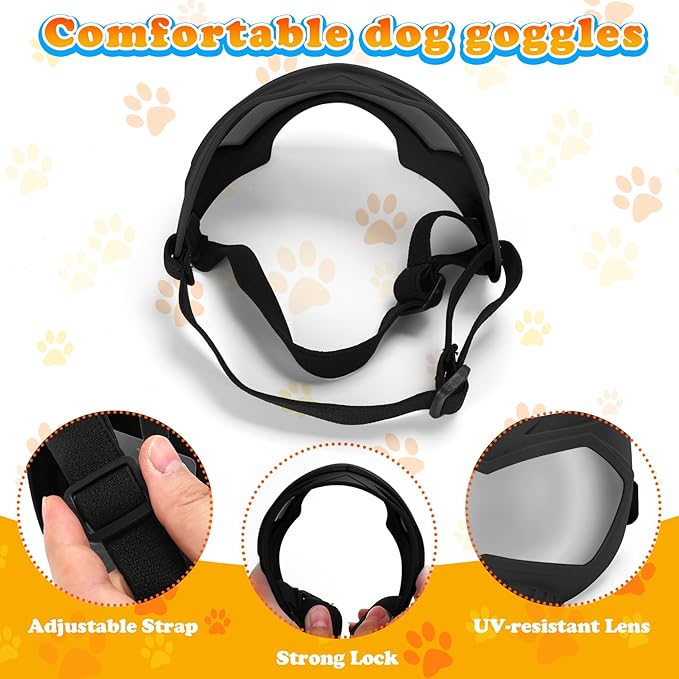 Dog Goggles, UV Protection, Windproof, Dustproof, Anti-Fog Dog Sunglasses for Large & Medium Dogs, Lightweight TPE Frame with Adjustable Strap, Stylish Outdoor Protection (Black)