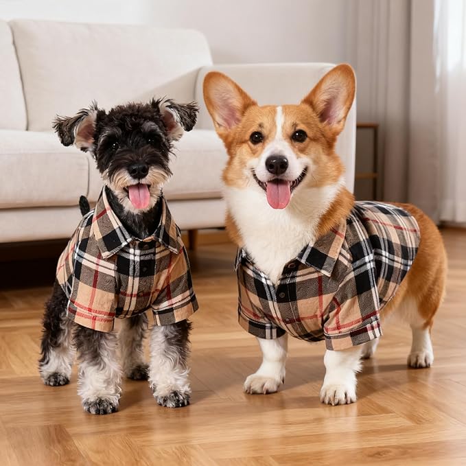 KOOLTAIL Dog Shirt,Cotton Beige Plaid Pet Shirts,Cute Dog Apparel Clothes Suitable for All Seasons, Comfortable Dogs T-Shirt for Small Medium Large Dogs Cats, Pet Outfit Costume,XL
