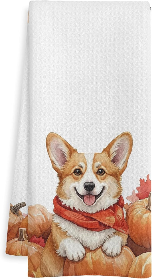 Fall Corgi Gift Kitchen Towels, Corgi Lover Gifts Dish Tea Towel for Kitchen Decor, Farmhouse Fall Autumn Maple Leaf Dog Hand Towels for Bathroom Decor,16X24 Inch