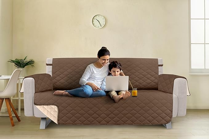 Utopia Bedding Reversible Sofa Couch Cover, Water Resistant Slipcover Furniture Protector with Foam Sticks and Elastic Straps for Kids Dogs Pets (3 Seater, Brown/Beige)