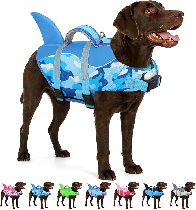 AOFITEE Dog Life Jacket, Shark Dog Life Vest for Swimming Boating, Reflective High Flotation Small Dogs Lifesaver, Ripstop Pet Swim Vest Swimsuit with Rescue Handle for Small Medium Large Dogs, S