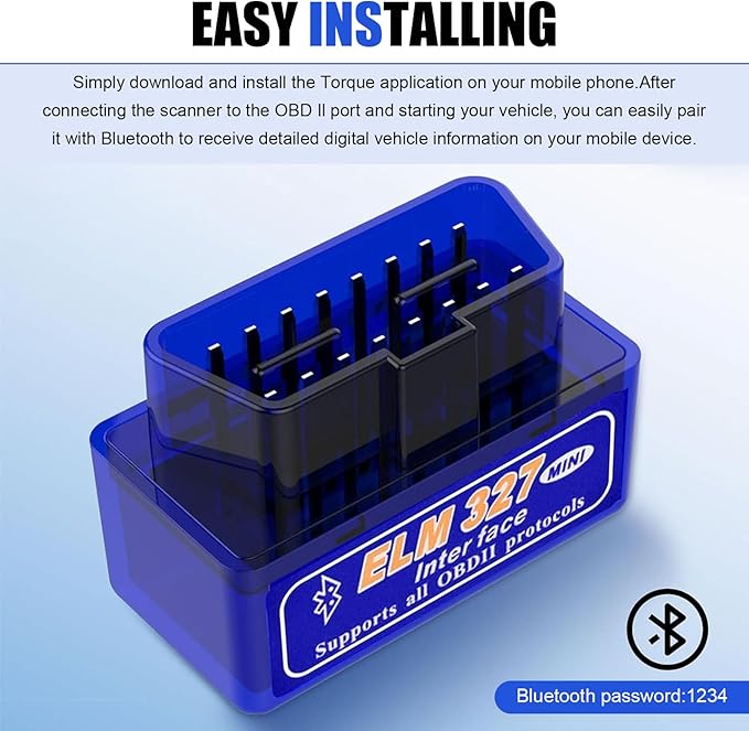 Car OBDII Diagnostic Tool, ELM327 Engine Data Scanner for Real-time Monitoring, Portable Fault Reading and Elimination Tool, Universal Bluetooth Connection for IOS Android Windows (Blue)