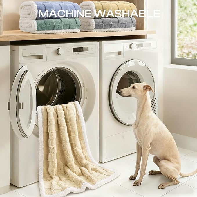 Luciphia Waterproof Dog Blanket for Medium Dogs Washable Soft Sherpa Fleece Cat Blankets with 3D Jacquard Cozy Calming Reversible Couch Protector Furniture Protection for Pet, Beige White, 57x40 inch