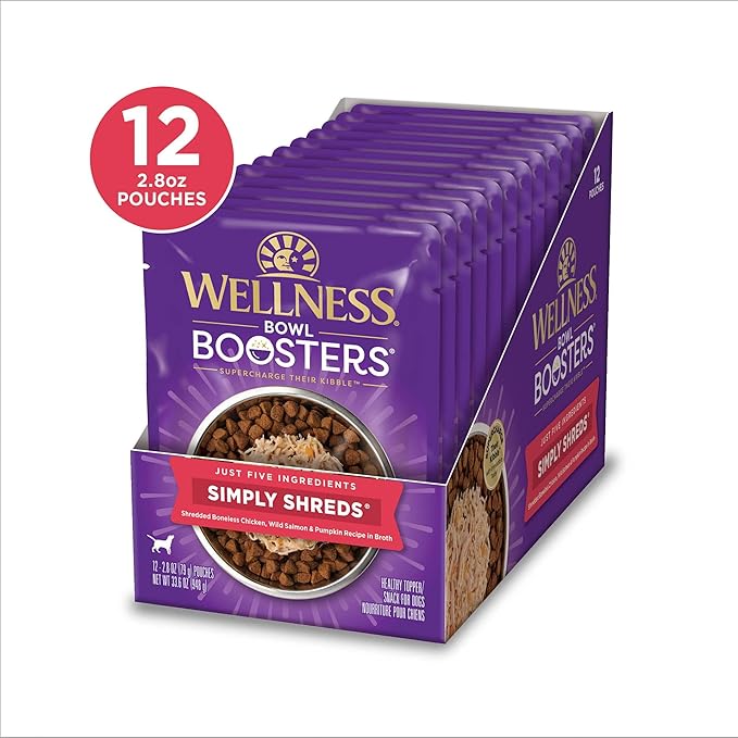 Wellness Bowl Boosters Simply Shreds Wet Dog Food Topper for Small, Medium, & Large Breeds, Grain Free, Natural, Wild Salmon & Pumpkin, 2.8 Ounce Pouch (Pack of 12)
