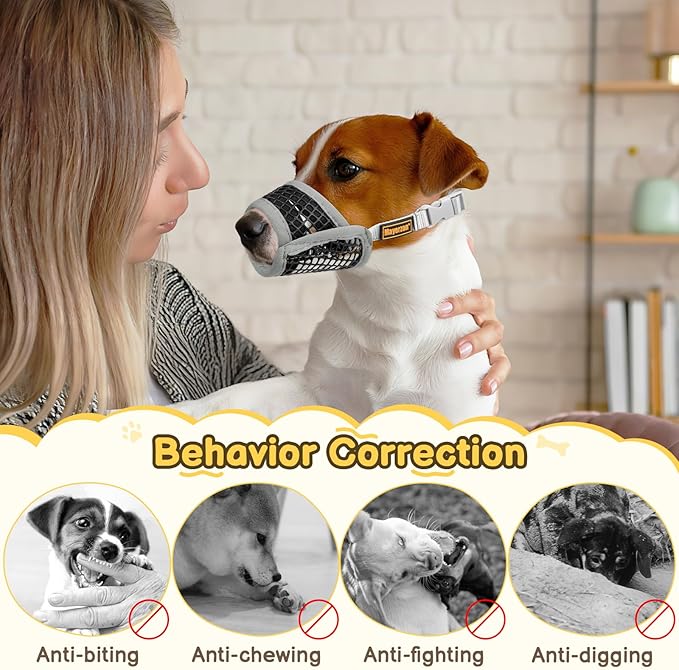 Mayerzon Dog Muzzle for Biting, Patented Soft Breathable Mesh Muzzle for Small Medium Dogs Chihuahua Dachshund Poodle, Adjustable Mouth Cover for Grooming, Chewing, Vet Visits (Grey Trim, XXS)