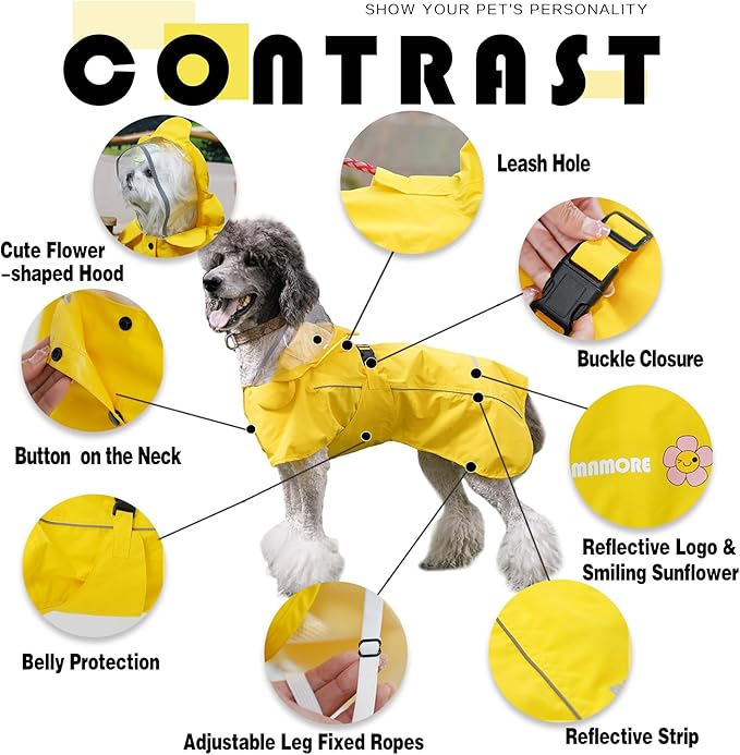 MAMORE Dog Raincoat Waterproof Dog Rain Jacket with Cute Hood for Small Medium Large Dogs Puppy Poncho Reflective Adjustable (Yellow, Large)