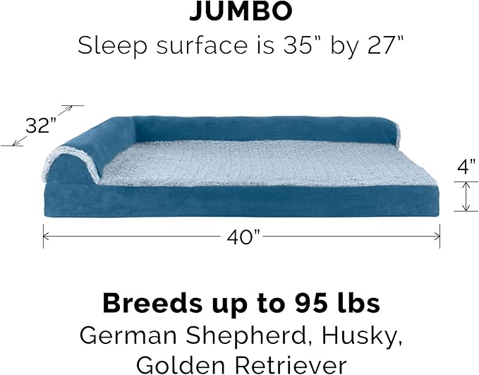 Furhaven Replacement Dog Bed Cover Two-Tone Faux Fur & Suede L Shaped Chaise, Machine Washable - Marine Blue, Jumbo (X-Large)
