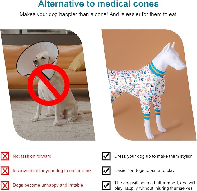 LovinPet Dog Onesie for Surgery Male Large Breed, Undershirt for Pitbull Dog,Lightweight Stretchy Flannel Fabric,White Noah's Ark Alphabet Print,Big Dog Jammies,Uv Protection Shirt,Easy to Wear,2XL