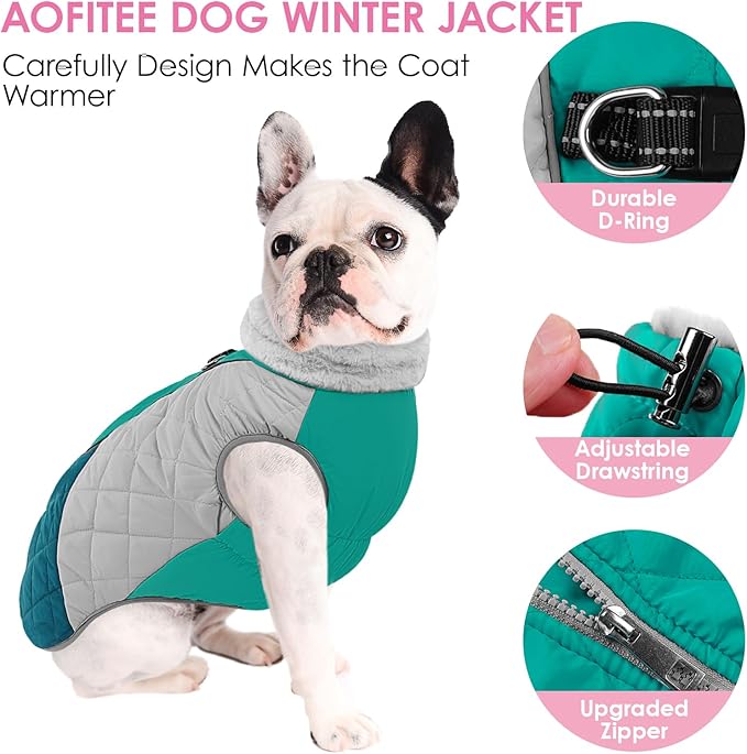 AOFITEE Dog Coat, Dog Winter Coat, Reflective Small Dogs Jacket with Harness Built in and Fleece Lined, Waterproof Pet Winter Jacket Warm Snowsuit for Small Medium Large Dogs, Green M