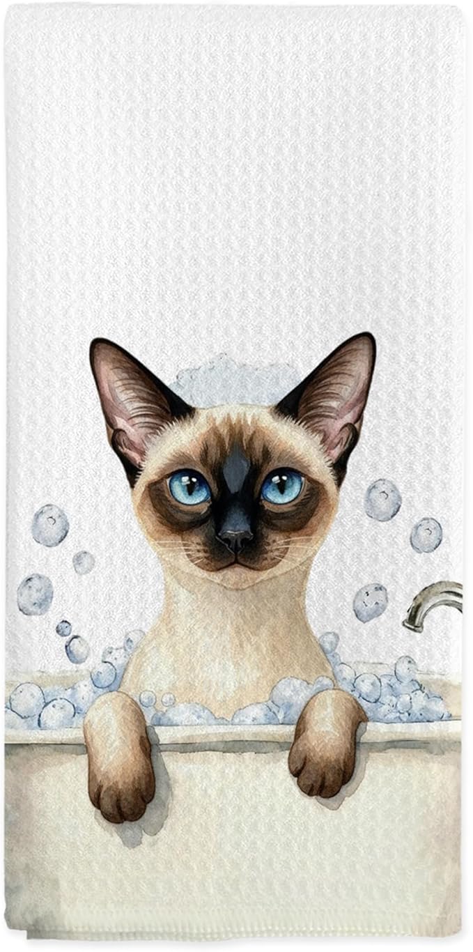 Siamese Cat Gifts Hand Towels Bathroom Decor, Funny Cats Dish Tea Towels, Siamese Cats Gifts for Women, Cat Theme Hand Towel for Restroom Kitchen Washroom Decor, 16x24 Inch