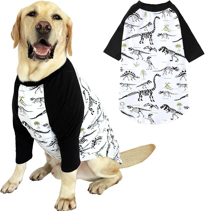 Dog Dinosaur T Shirts Black Long Sleeve White Shirt Pajamas Pets Soft Cotton Apparel Clothes for Large Dogs, L