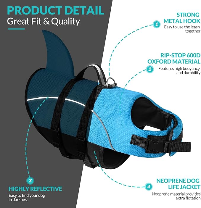 Queenmore Small Dog Life Jacket,Shark Dog Life Vest for Swimming,Puppy Light Life Preserver for Boating Kayaking Canoeing,Pet Lifesaver with High Buoyancy,Rescue Handle,Leash Hook (Peacock Blue,S)
