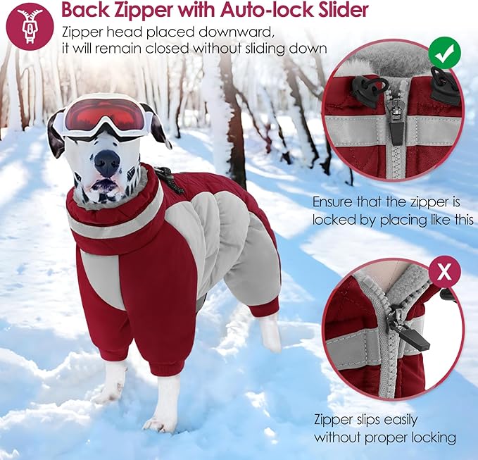 AOFITEE Fullbody Dog Coat Warm Fleece Dog Jacket, Windproof Dogs Winter Coat with Harness Built in, Reflective Turtleneck Dogs Snowsuit Puffer Jacket, Four Legged Pet Snow Suit, Christmas Red XS