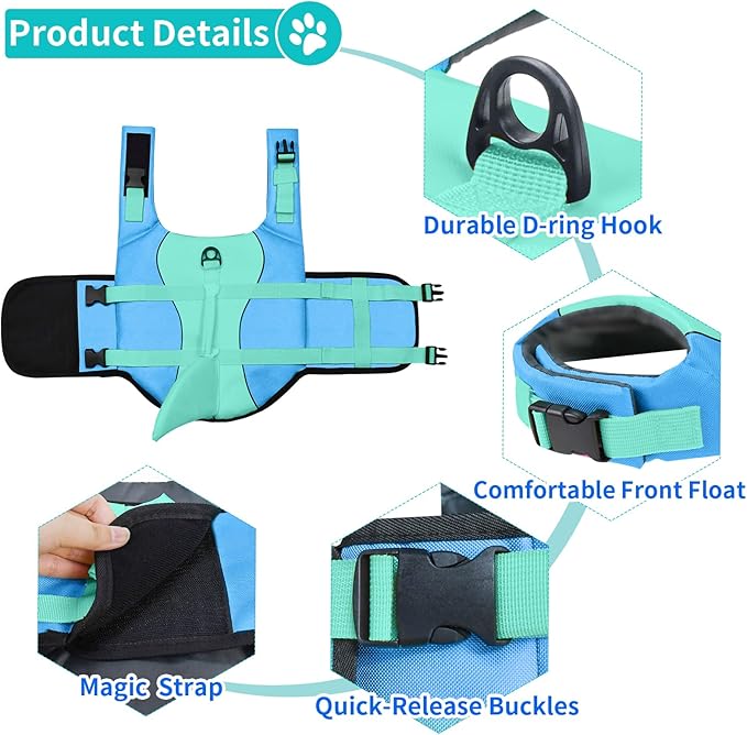 Malier Dog Life Jacket, Ripstop Dog Life Vest with High Buoyancy for Swimming Boating, High Visibility Shark Puppy Lifesaver for Dogs (Blue, XX-Large)