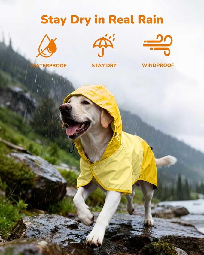 Waterproof Dog Raincoat with Hood, Extended Coverage Rain Jacket for Medium Dogs, Wind-Resistant Secure Fit with Leg Straps, Reflective, Leash Hole, Easy Hook & Loop Fastener On/Off, Yellow, M