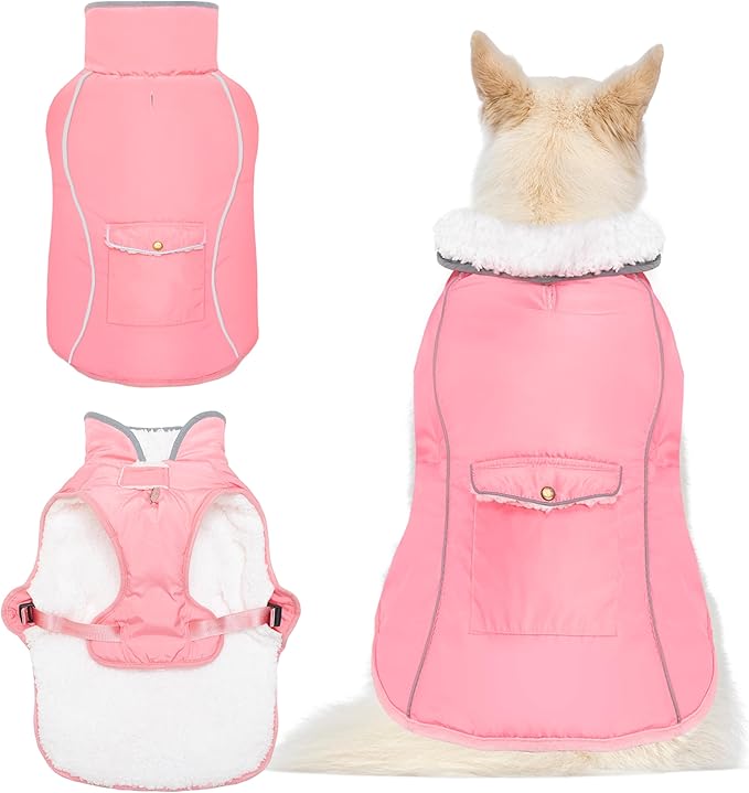 Dog Winter Coat - Warm Dog Clothes for Rain Snow Wind Cold Weather - Reflective Pink Adjustable Waterproof Windproof Pet Vest Jacket with Leash Hole for Small Medium Large Dogs Indoor Outdoor