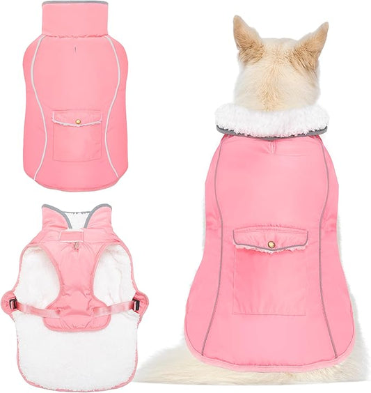 Dog Winter Coat - Warm Dog Clothes for Rain Snow Wind Cold Weather - Reflective Pink Adjustable Waterproof Windproof Pet Vest Jacket with Leash Hole for Small Medium Large Dogs Indoor Outdoor