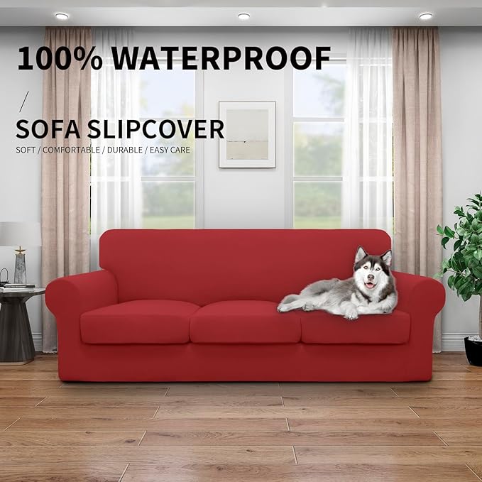 Easy-Going 100% Dual Waterproof 4 Pieces Stretch Soft Couch Cover for Dogs, Sofa Slipcover for 3 Separate Cushion Couch Leakproof Furniture Protector for Kids, Pets Christmas Red