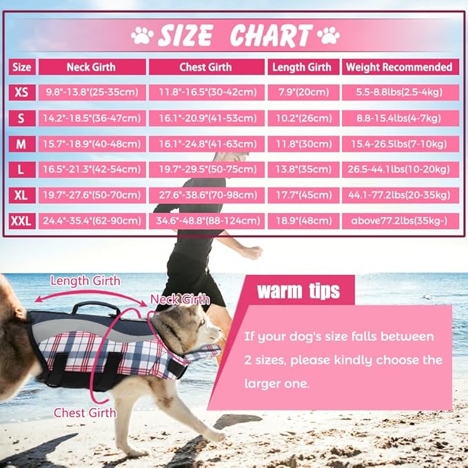 EMUST Dog Life Jacket, Ripstop Large Dog Life Vests Swimsuit for Boating/Swimming/Pool with Double Rescue Handles, Flotation Vest for Large Dogs, Navy Check, XXL