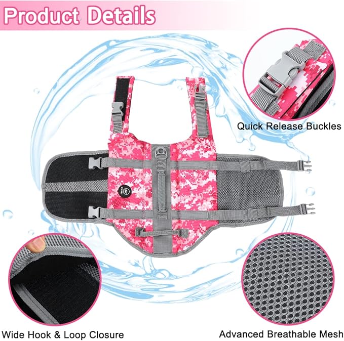 EMUST Dog Life Jackets - High Buoyancy Flotation Vests for Swimming, Beach & Boating - S, New Pink Camouflage