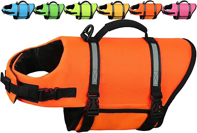 AMZNOVA Rip Stop Dog Life Jacket, Dog Life Vest for Swimming & Boating, Lightweight & Buoyancy for Doggy Puppy, Lifejacket with Handle, XS, Bright Orange