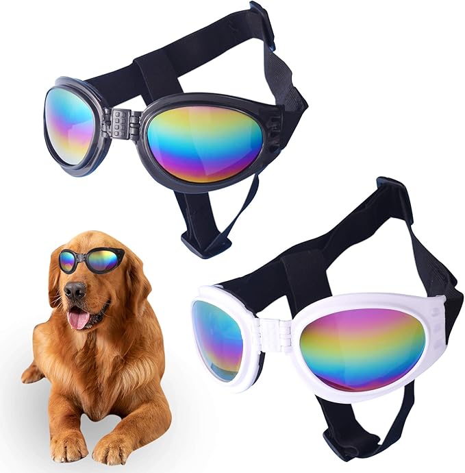 JIABEIUS 2 Pcs Dog Goggles, Dog Sunglasses Adjustable Strap for Waterproof Windproof UV Protection, Pet Sunglasses for Go Out Travel Skiing Swim (Black and White)