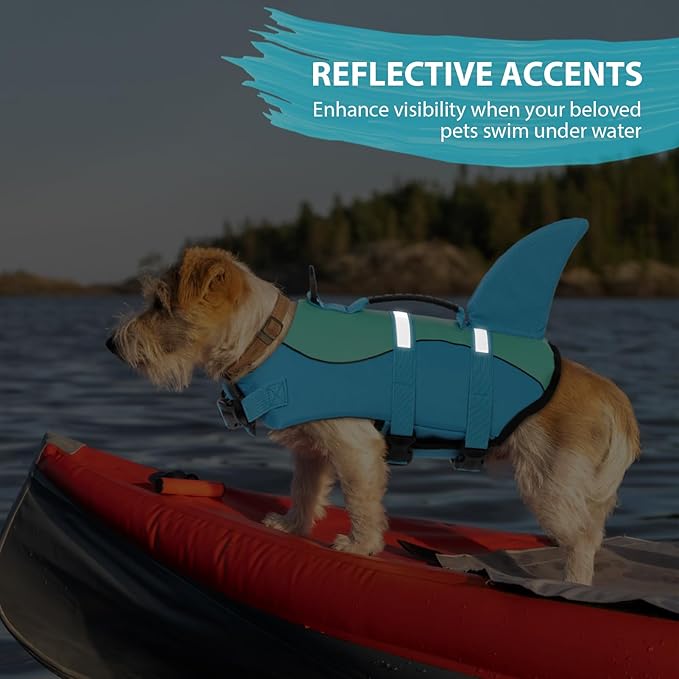 Queenmore Shark Dog Life Jacket, Dog Life Vests for Boating, High Buoyant Pet Life Vest for Swimming, Adjustable Easy On Pet Life Jackets for Small, Medium, Large Dogs (Pool Blue,M)