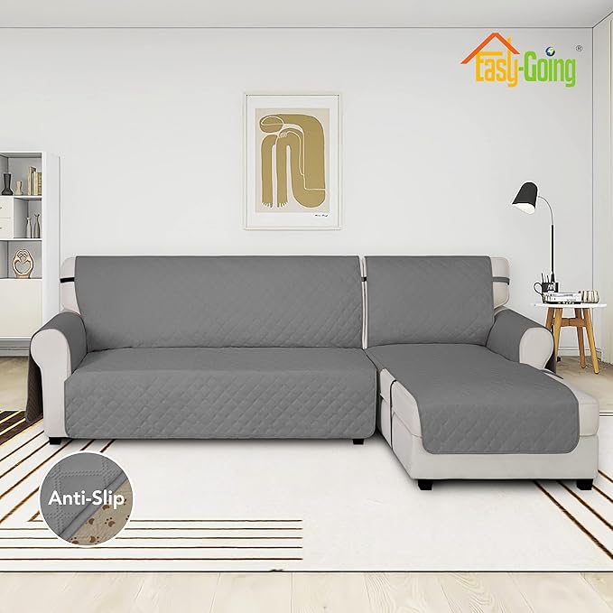 Easy-Going Waterproof Sectional Couch Covers with Chaise 2-Piece Non Slip L Shape Sofa Cover for Dogs Leakproof Furniture Protector Cover with Adjustable Strap for Pets (Large, Gray)