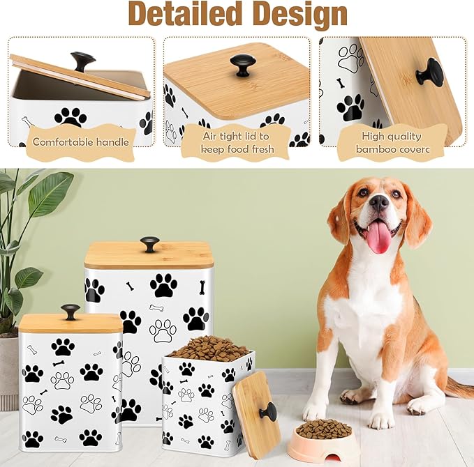 Airtight Dog Treat Container Set of 3 with Bamboo Lids Metal Treat Jars for Countertop Decorative Pet Snack Storage Canister Kitchen Biscuit Holder(White)
