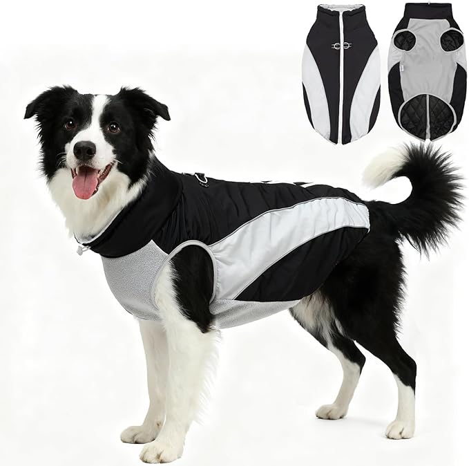 Dog Coats for Medium Dogs with Harness Built in, Waterproof Dog Jacket Warm Pet Winter Coat Snowsuit for Cold Weather, Reflective Fleece Windproof Jacket, Black, U-LDMF03L