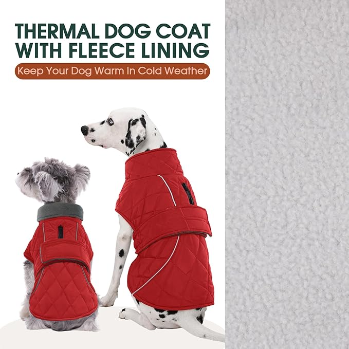 Kuoser Dog Jacket Warm Fleece Lined Dog Coats for Small Dogs, Waterproof Pet Coat Reflective Puppy Snowsuit with Harness Hole for Cold Weather Walking Hiking, Quilted Dogs Winter Vest, Red, S