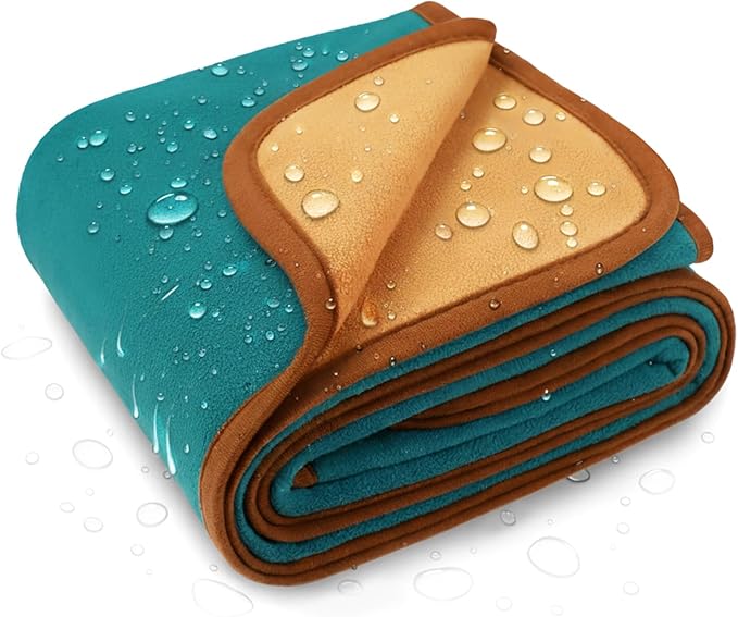Luciphia 100% Waterproof Blanket for Adults or Small Medium Dogs, Soft Polar Fleece Pet Throw Blankets for Couch Protector Washable, Reversible Leakproof Furniture Protection,Teal Camel,57x40 inch