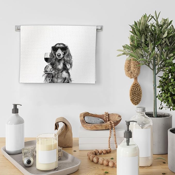 Long Haired Dachshund Gifts Wine Kitchen Towels Set of 2, Funny Dachshund Wine Lover Decorative Hand Dish Towel for Kitchen Home Bar, Gifts for Dog Beer Lovers Home Bar Decor(16x24Inch)
