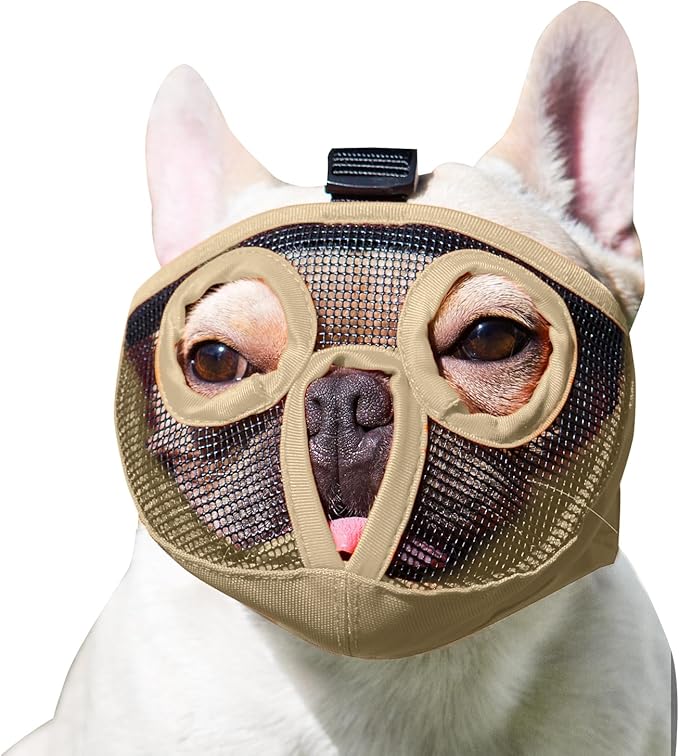 Short Snout Dog Muzzles- Adjustable Breathable Mesh Bulldog Muzzle for Biting Chewing Licking Training Grooming Dog Mask (Khaki, Small/9"-12")