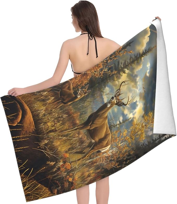 Majestic Deer Beach Towel 31inx51in, Wildlife Sand-Free Microfiber Bath Towel Ultra Soft Quick Dry Pool Towel Absorbent Towel Lightweight Towel for Swimming Bathroom Decor