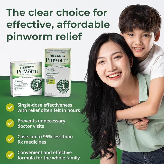 REESE'S PINWORM Medicine Liquid for Entire Family, Full Prescription Strength, 1 Oz, Pack of 5, #1 Doctor Recommended Single Dose Pyrantel Pamoate Dewormer for Adults & Kids Ages 2+, Banana Flavor