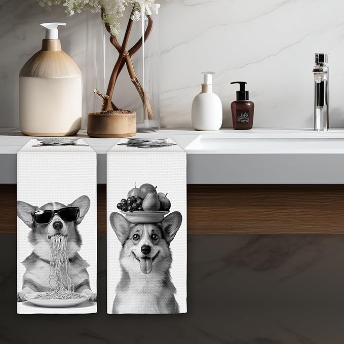 Corgi Gifts Funny Dog Kitchen Towels Set of 2, Funny Dog Eating Pasta with Fruit Bowl Decorative Hand Dish Towel for Kitchen Home Bar, Gifts for Corgi DogLovers Owners Home Decor(16x24Inch)