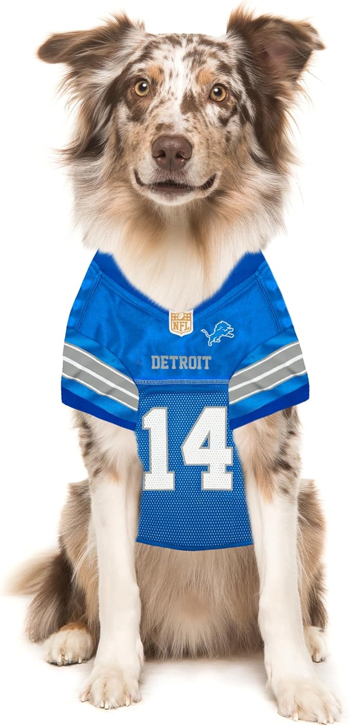 Pets First NFLPA Amon-RA ST Brown Jersey #14, NFL Dog Shirt, Detroit Lions Mesh Jersey, Size X-Large