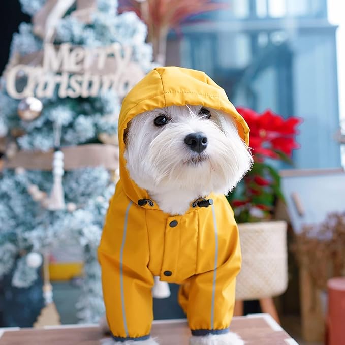 Dog Raincoat, Waterproof Dog Rain Jacket with Hood, Rain Coat with Leash Hole, Reflective Strap for Small Medium Dogs, Outdoor Adventures/Walking Lightweight Puppy(Yellow,S)