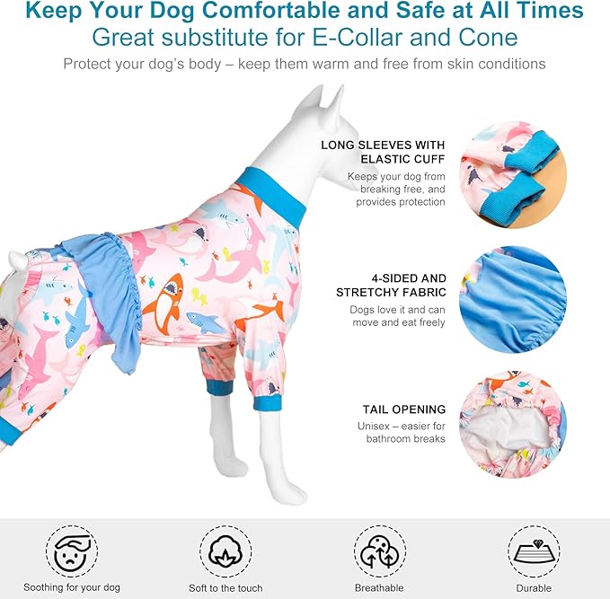 LovinPet Pitbull Onesie Pajama -UV Protection, Post Surgical Recovery Pajamas, Lightweight Stretchable Fabric, Big Bites Pink Print, Large Dog Pajamas, Undershirt for Dog Dresses,Pink XXL