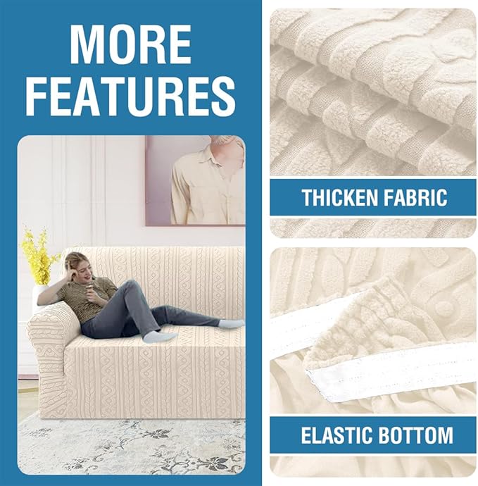 H.VERSAILTEX Jacquard Couch Covers for 3 Cushion Couch 1 Piece Stretch Sofa Covers Furniture Protector Anti-Slip Soft Thickened Dogs Slipcovers Washable Spiral Pattern(Sofa, Ivory)