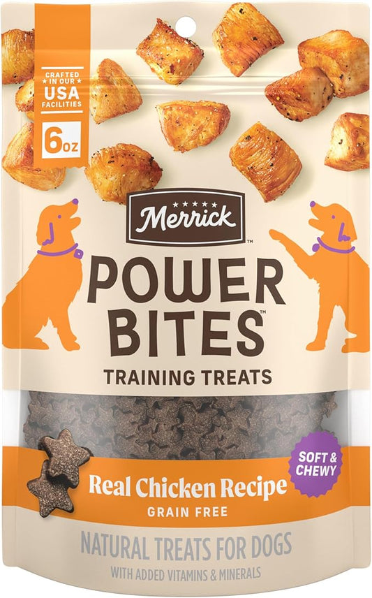 Merrick Power Bites Natural Soft And Chewy Real Meat Dog Treats, Grain Free Snack With Real Chicken Recipe - 6 oz. Bag