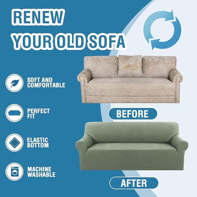 H.VERSAILTEX Jacquard Slip Covers for Sofas/Couches 1 Piece Super Stretch Sofa Covers Anti-Slip Furniture Protector Soft Thickened Dogs Slipcovers Washable Damask Pattern(Sofa, Sea Grass)