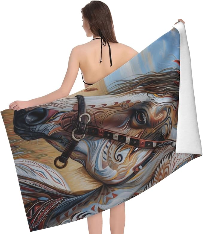 Native American Horse Beach Towel Animal Sand-Free Microfiber Bath Towel Ultra Soft Quick Dry Pool Towel Absorbent Towel Lightweight Towel Gifts for Outdoor Bathroom Swimming Decor 31inx51in