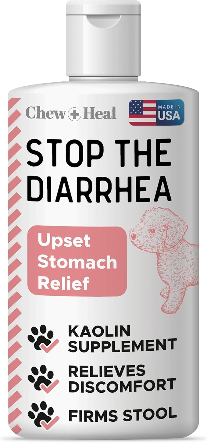 Chew + Heal Labs Anti Diarrhea Liquid for Dogs 12 oz - Kaolin Dog Diarrhea Medication, Fast-Acting Upset Stomach Relief, All Breed Sizes - Made in USA