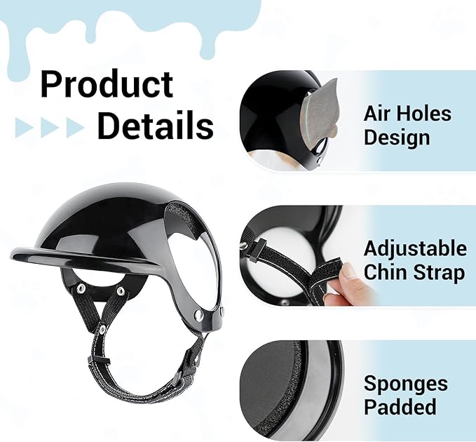 PETLESO Dog Goggles for Small Dogs with Helmet, 2PCS Doggy Sunglasses and Pet Motorcycle Helmet Set for Small Medium Breed Outdoor Driving Walking, All Black