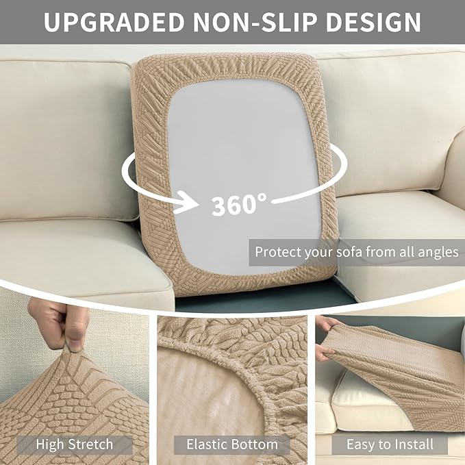 Easy-Going Waterproof Couch Cushion Covers for Couches and Sofas, Stretch Jacquard Sofa Seat Cover Replacement for Dogs, Pets & Kids, Durable Furniture Protector for Sofa Cushions, Camel
