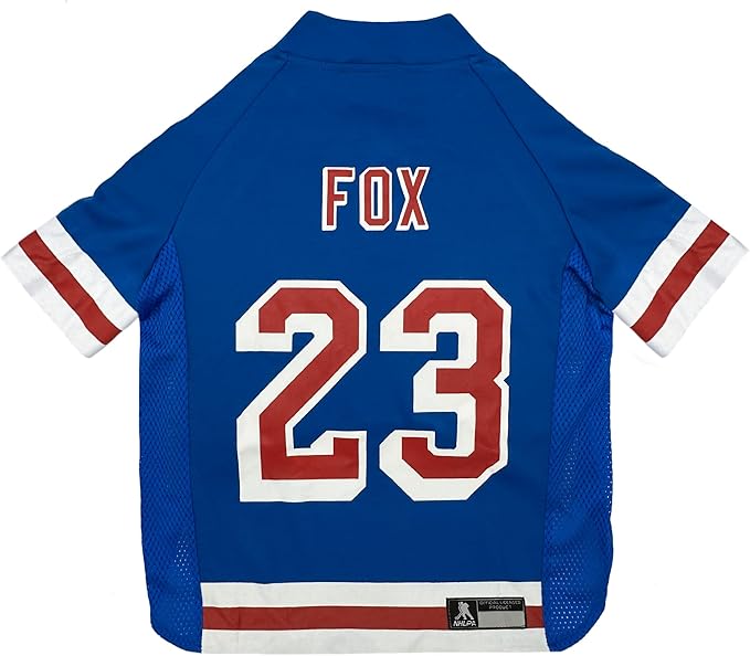 Pets First NHLPA Adam Fox Mesh Jersey for Dogs & Cats, New York Rangers Foxy-23 Dog Jersey, Size Large, Licensed Dog Jersey with Your Favorite Hockey Team Player
