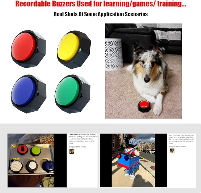 Recordable Buttons, Dog Buttons for Communication, 30 Seconds Recording Upgrade, Pack of 4 Colored Buzzers, Easy to Use,Material Safety. (Batteries Inside)