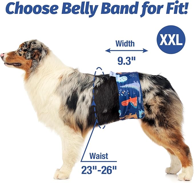 Pet Soft Dog Belly Band - 3 Packs Reusable Dog Diapers Male Doggy Diapers Wraps - Washable Dogs Belly Bands for Male Dogs (Dino, XXL)